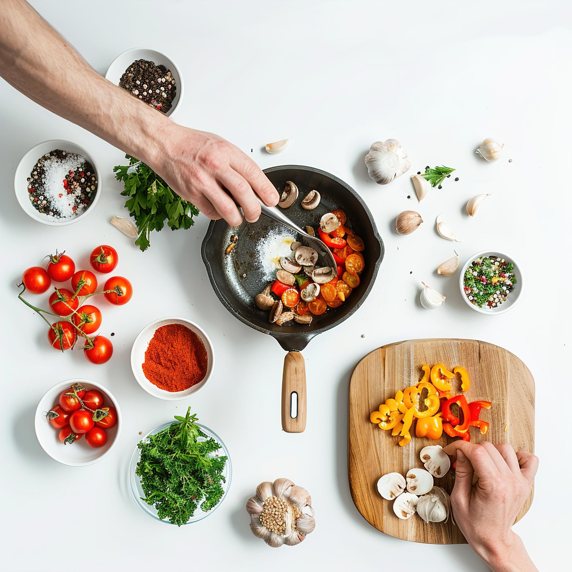 hands preparing meal in kitchen workspace